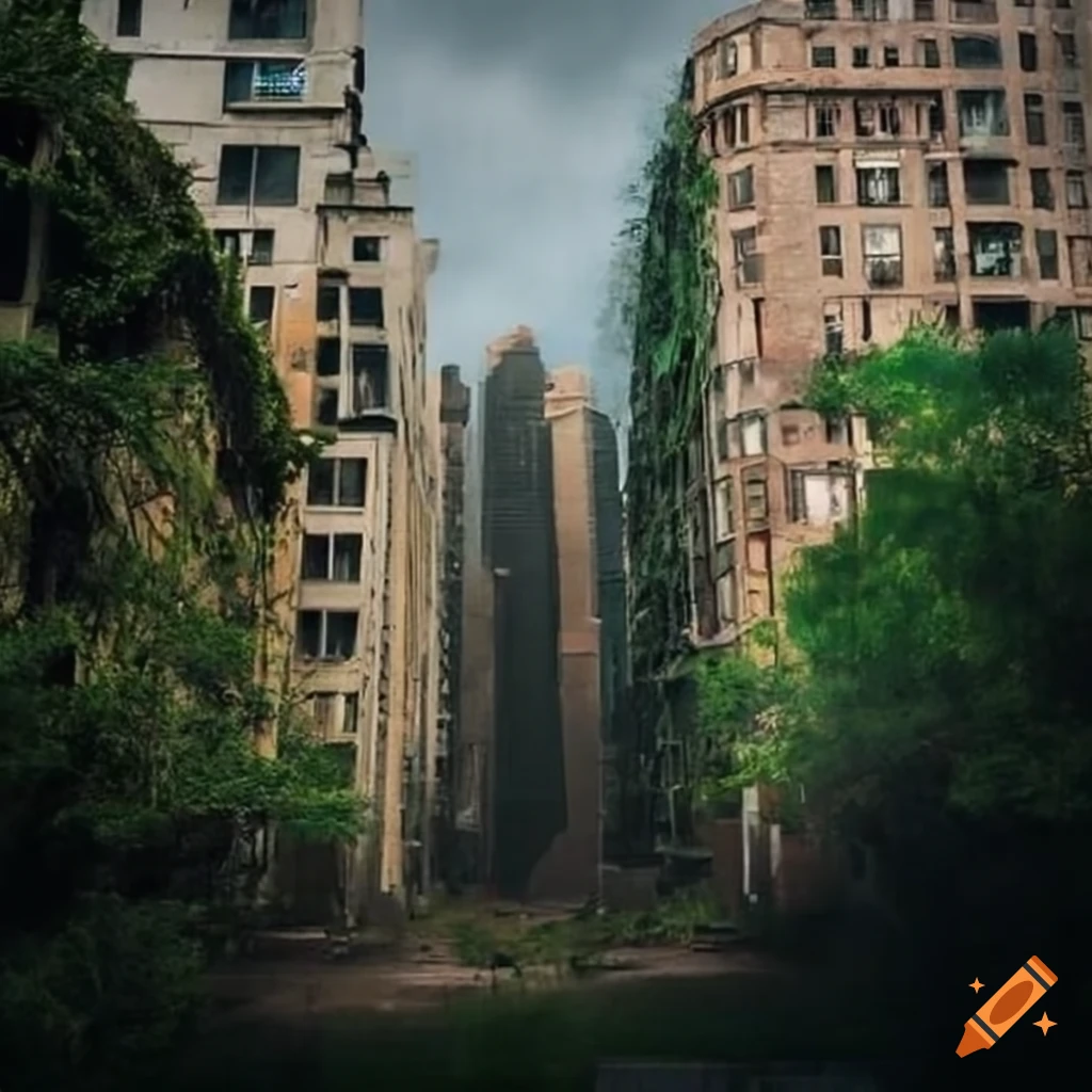 Dystopian city overgrown with plants on Craiyon