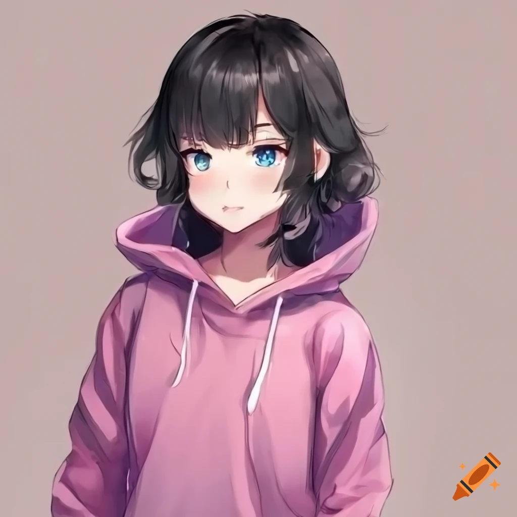 anime girl with wavy black hair in pink hoodie