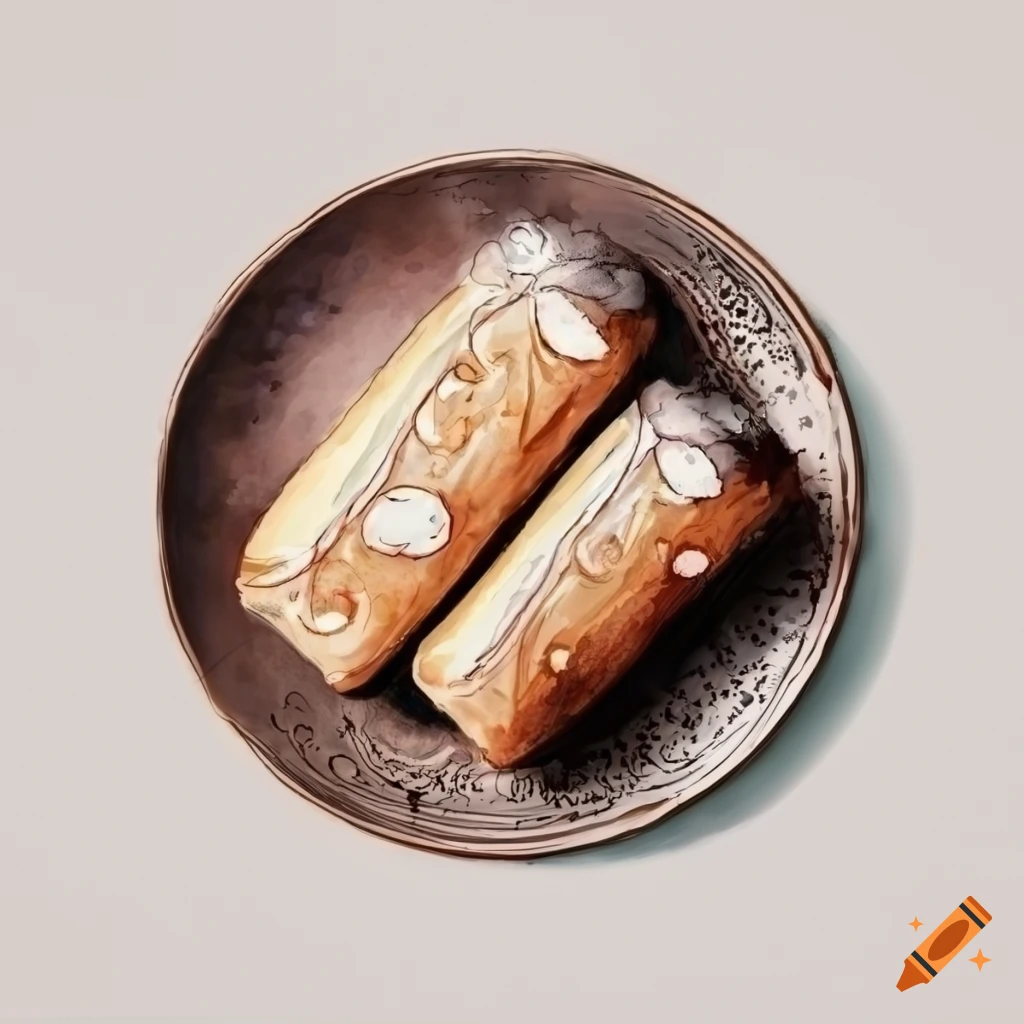 Watercolor drawing of almond rolls cakes on vintage plate