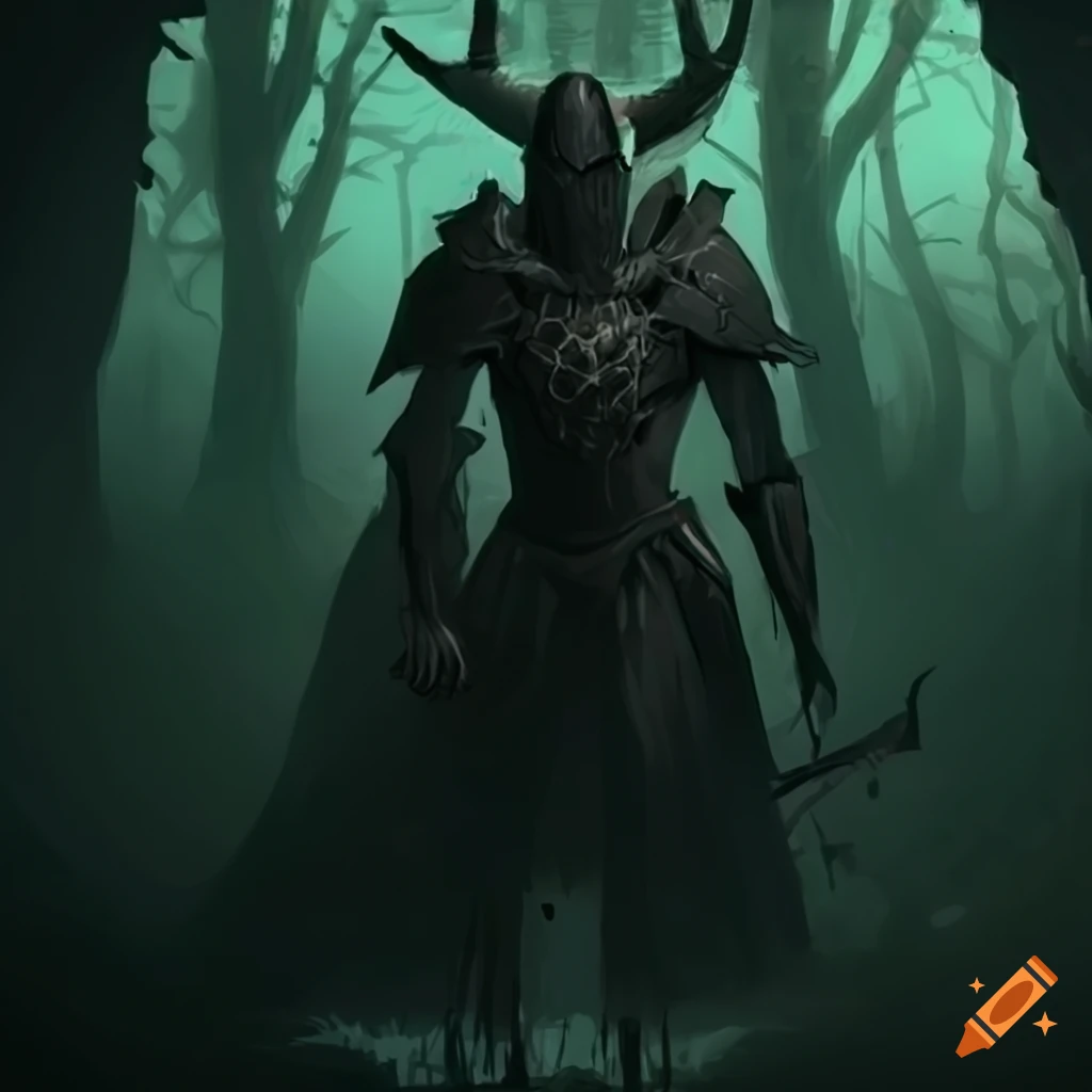 Image of a mysterious dark knight in a shadowy forest on Craiyon