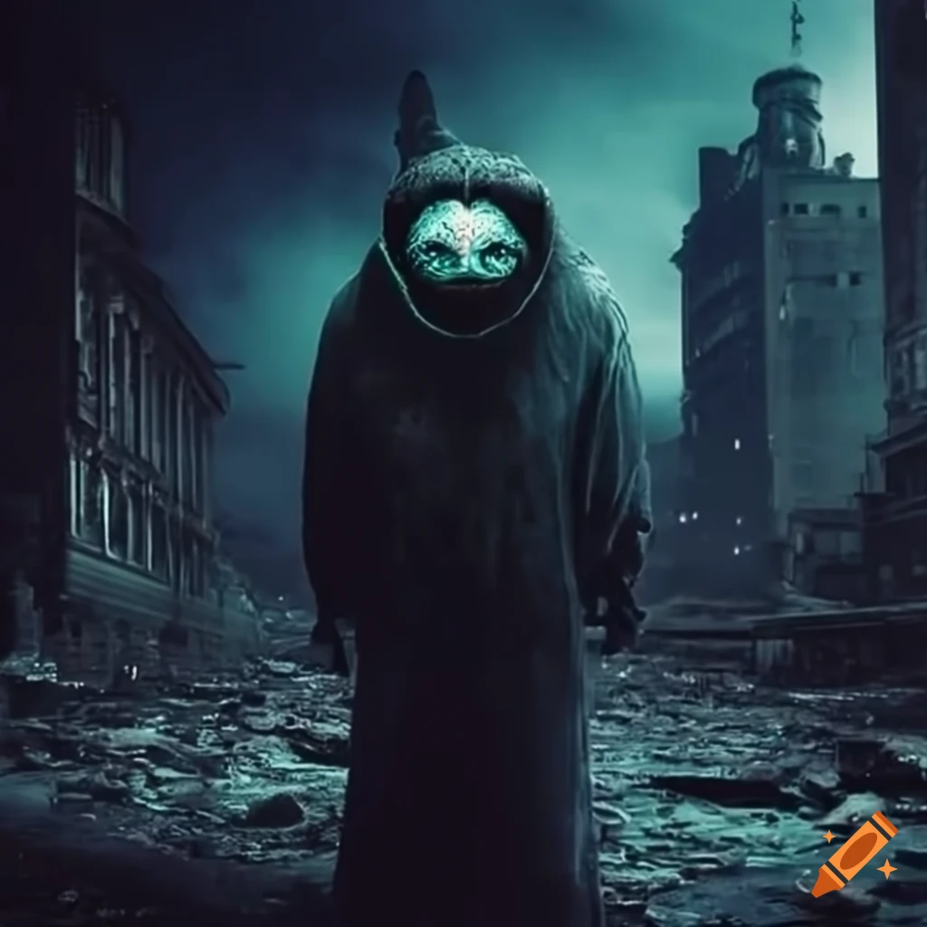 creepy creature standing in a devastated city at midnight
