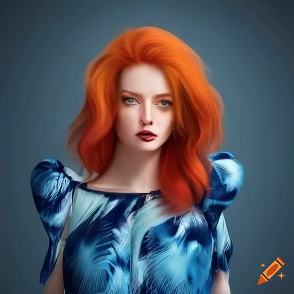 woman in a flowy blue dress with orange hair