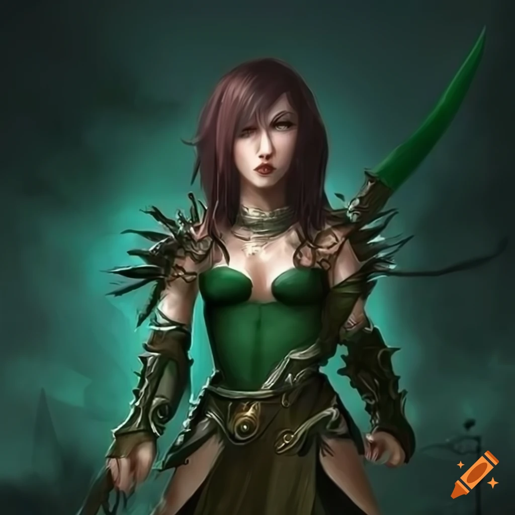 artwork of a short-haired female warrior in green attire