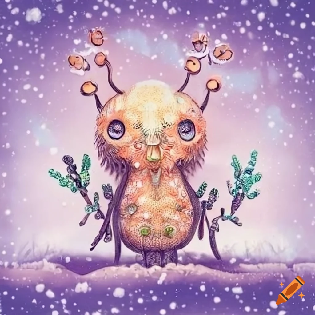 artistic depiction of cute creatures in snowy village