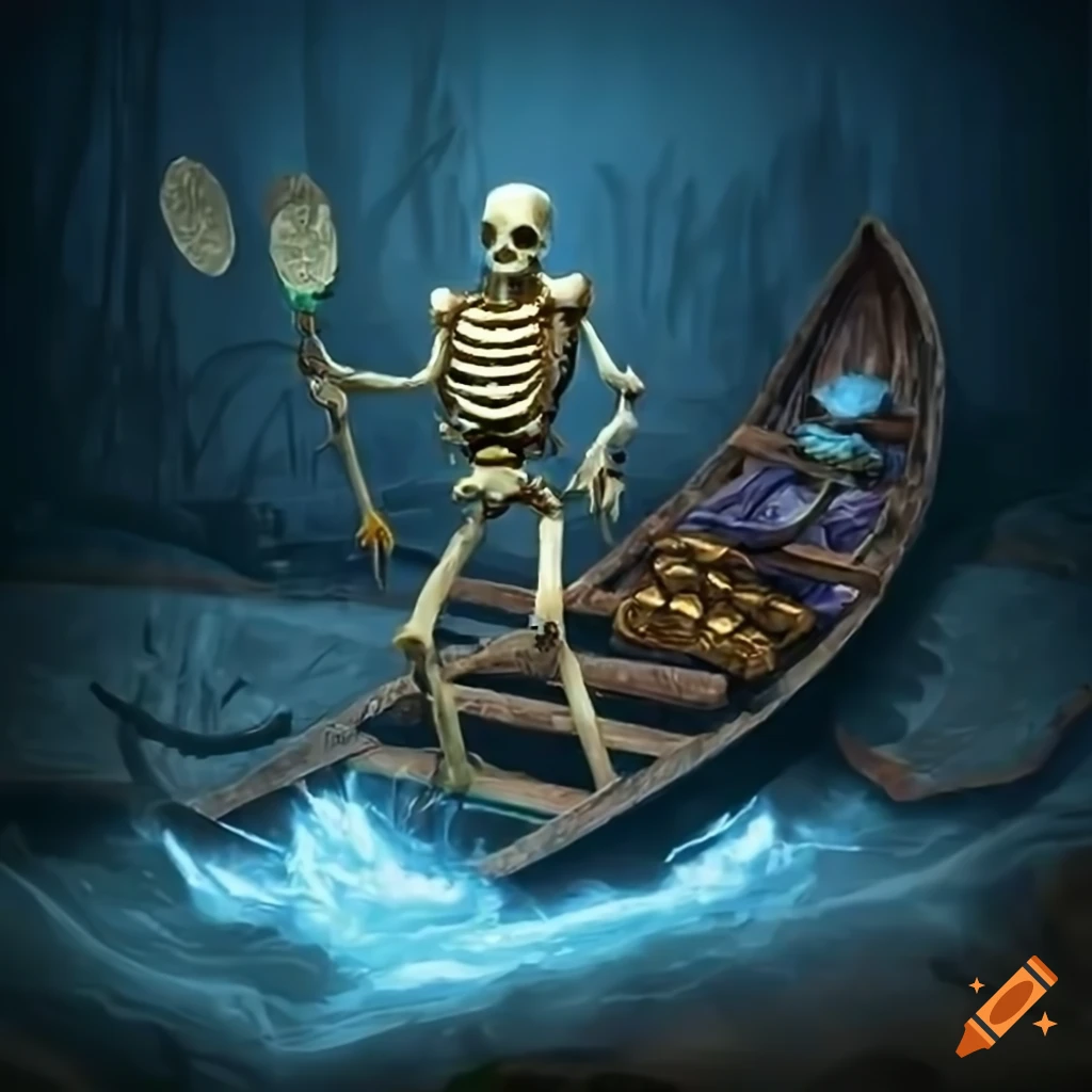 Fantasy art of charon collecting coins in the river styx