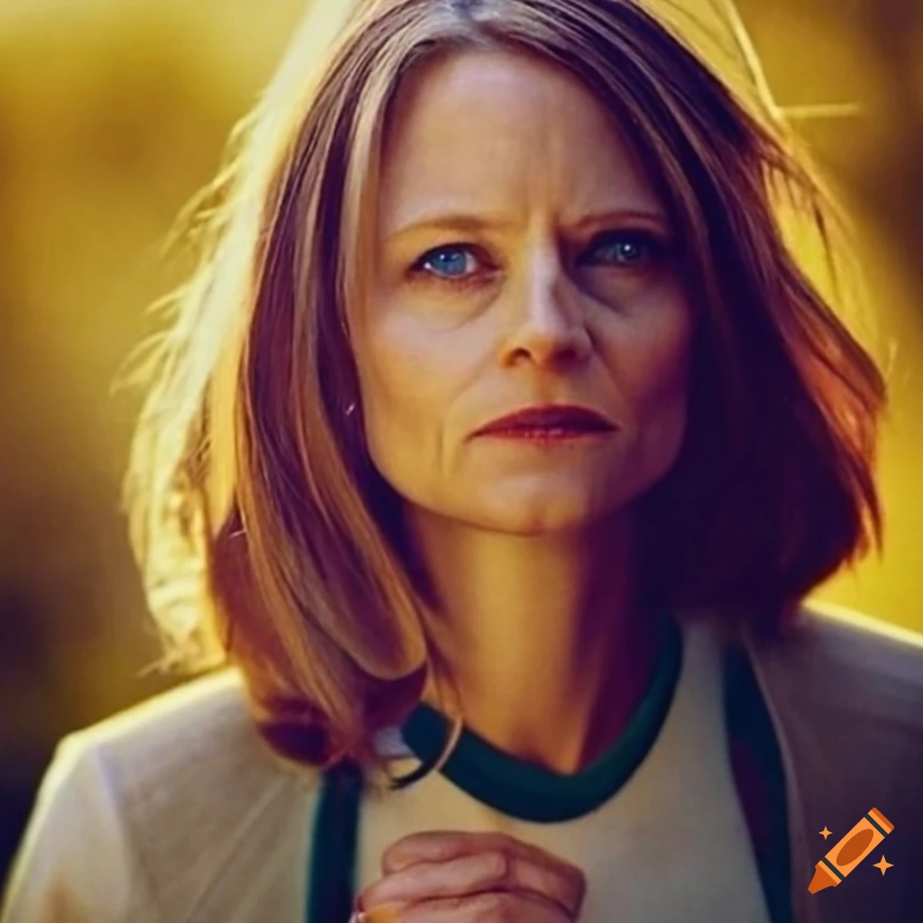 Jodie Foster in a vintage outfit hiding from a mysterious person