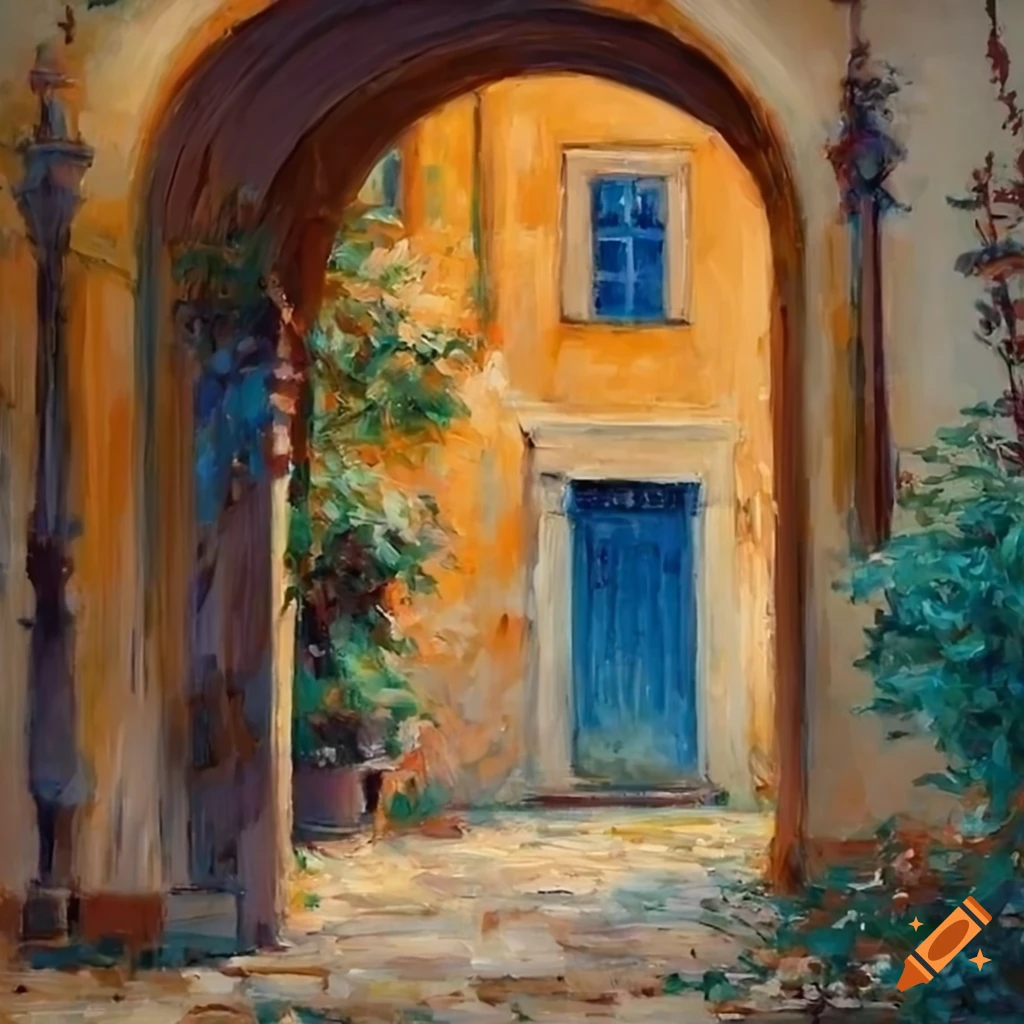 impressionist painting of an inviting Italian house with courtyard