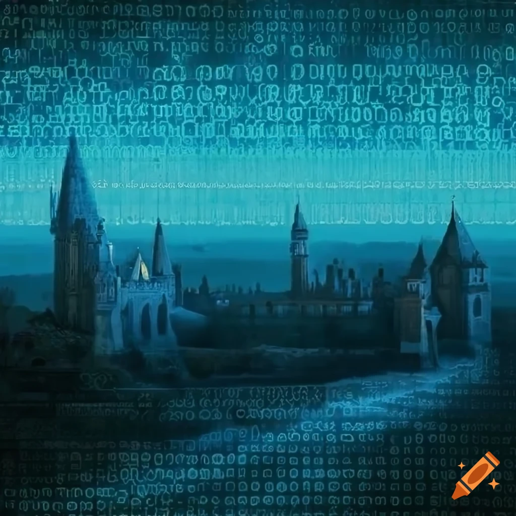 Medieval landscape with digital binary code on Craiyon