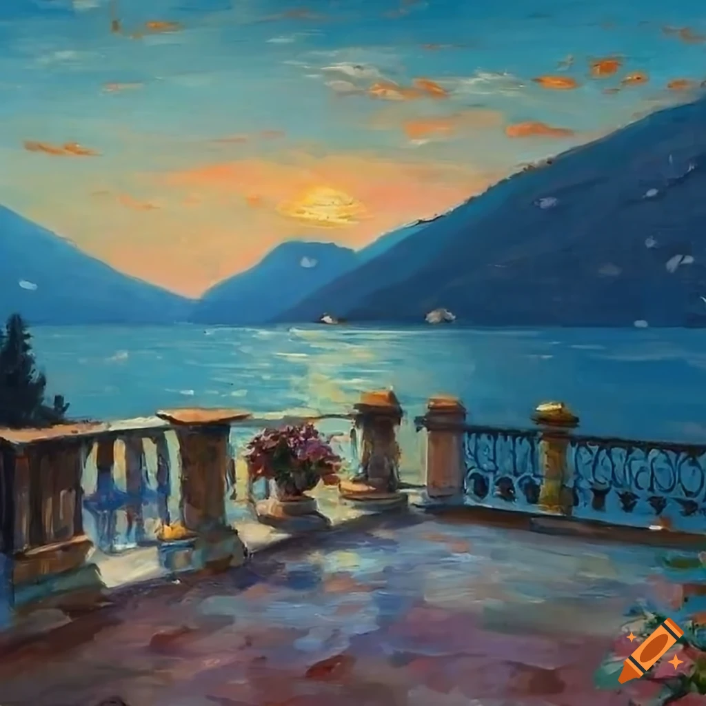 impressionist painting of a small patio overlooking Lake Como