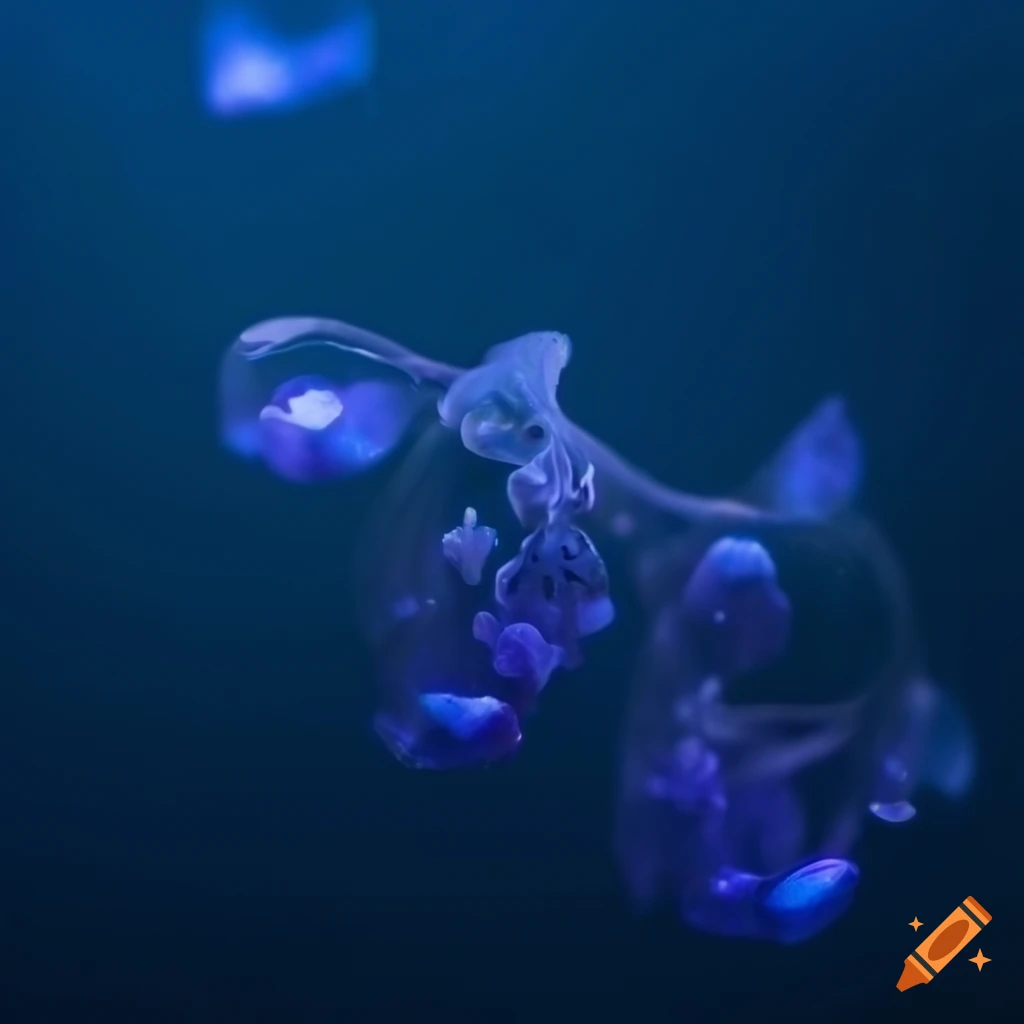 translucent wild orchid sea creature in dark blue underwater scenery