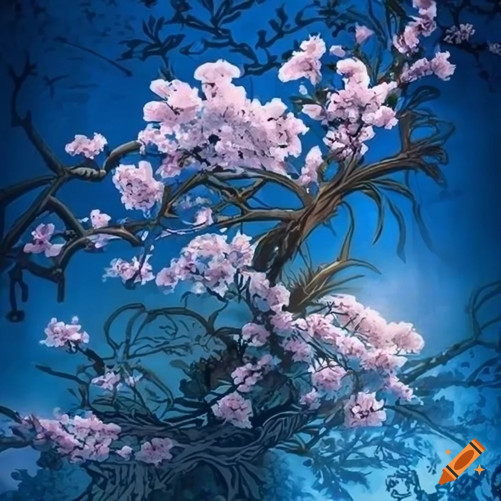 Detailed cherry blossom drawing on white background