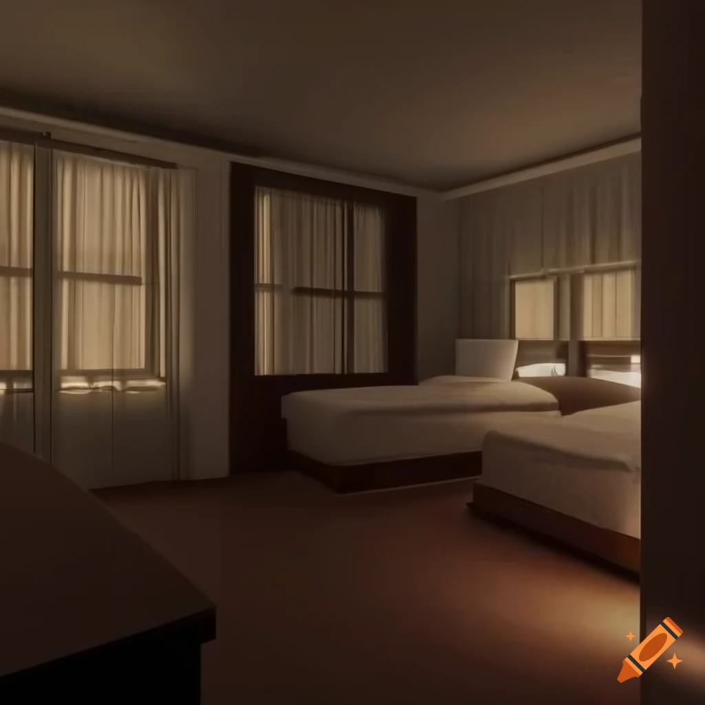 Hyper realistic 3d render of a hotel room in liminal space on Craiyon