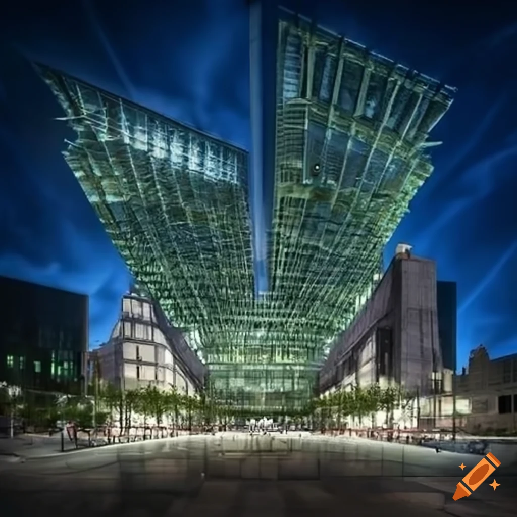 architectural rendering of an eco-friendly plaza with elements of Wall Street