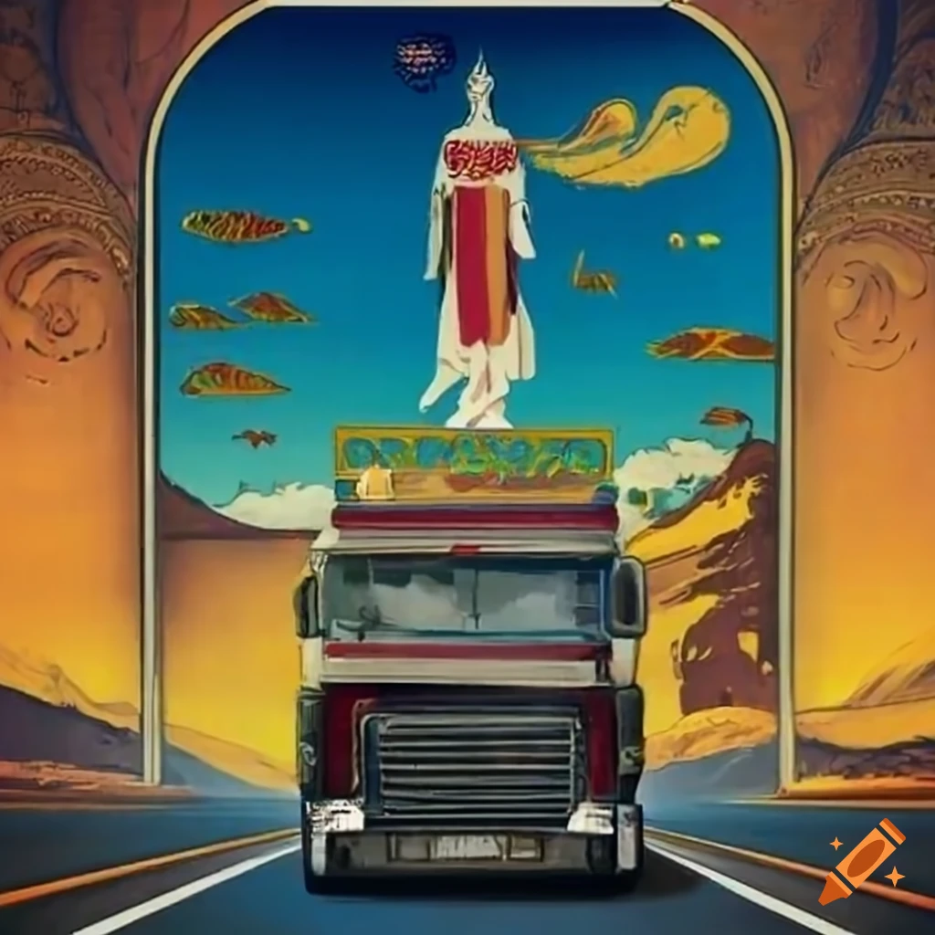 surreal tarot card with a truck driver as emperor