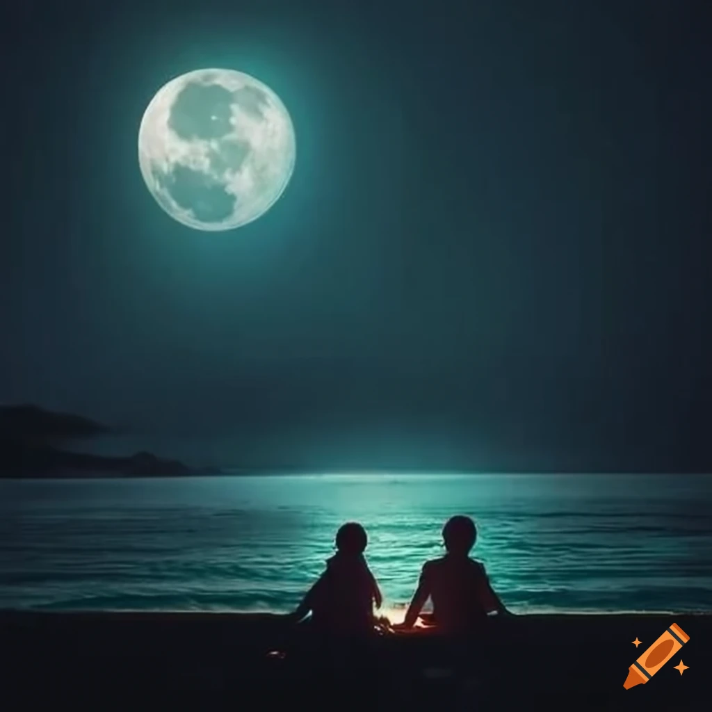 couple sitting by the sea under the moonlight