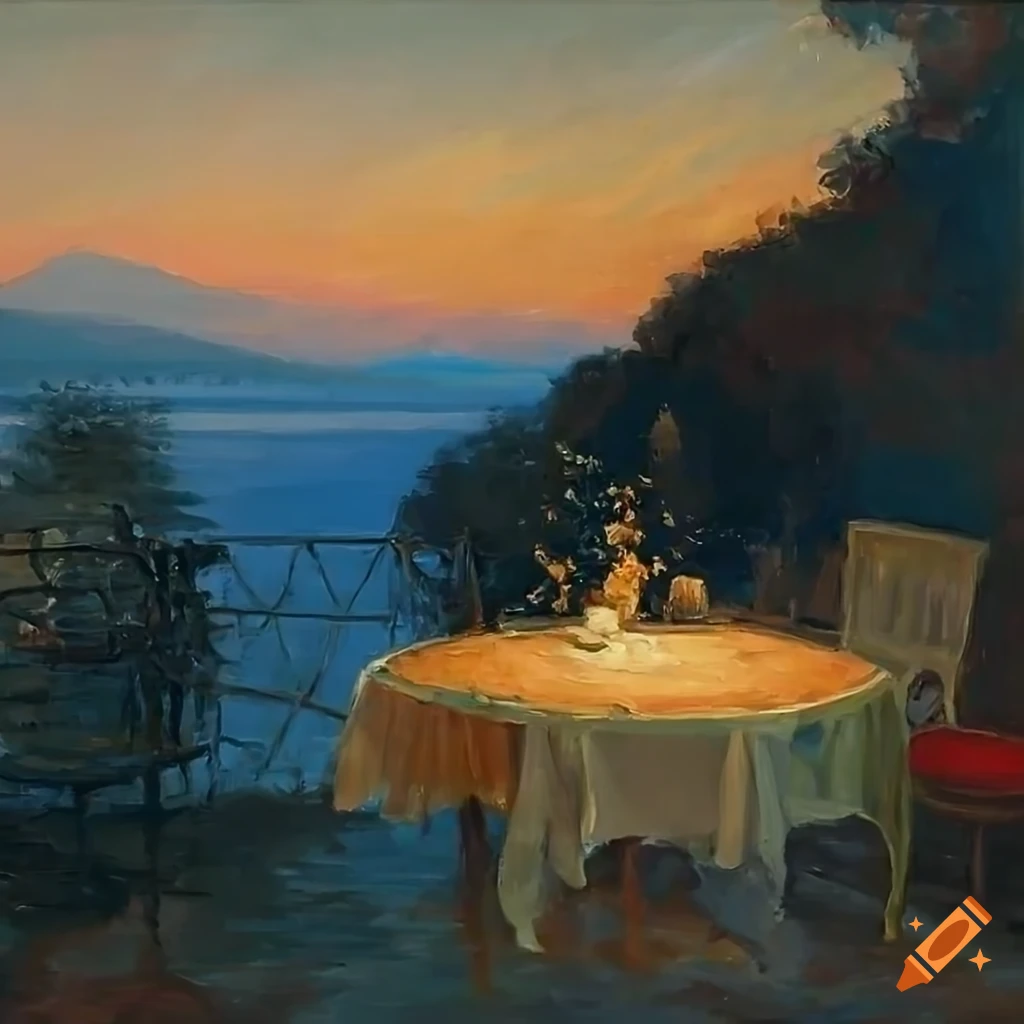 impressionist painting of a cozy patio with a view of Lake Como