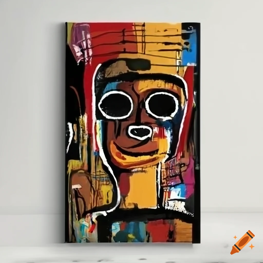 Basquiat-inspired painting with symbolic motifs and rhythmic elements