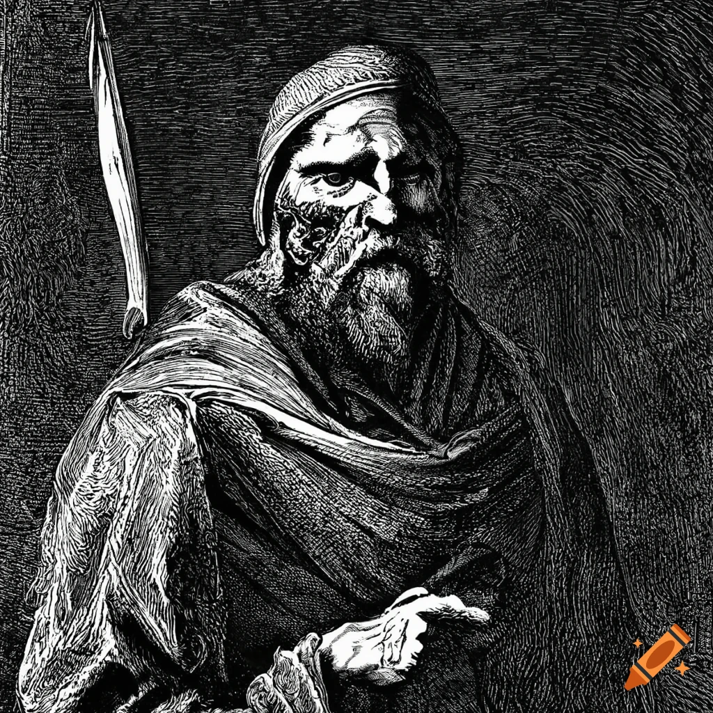 engraving of a monk warrior in Gustave Dore style