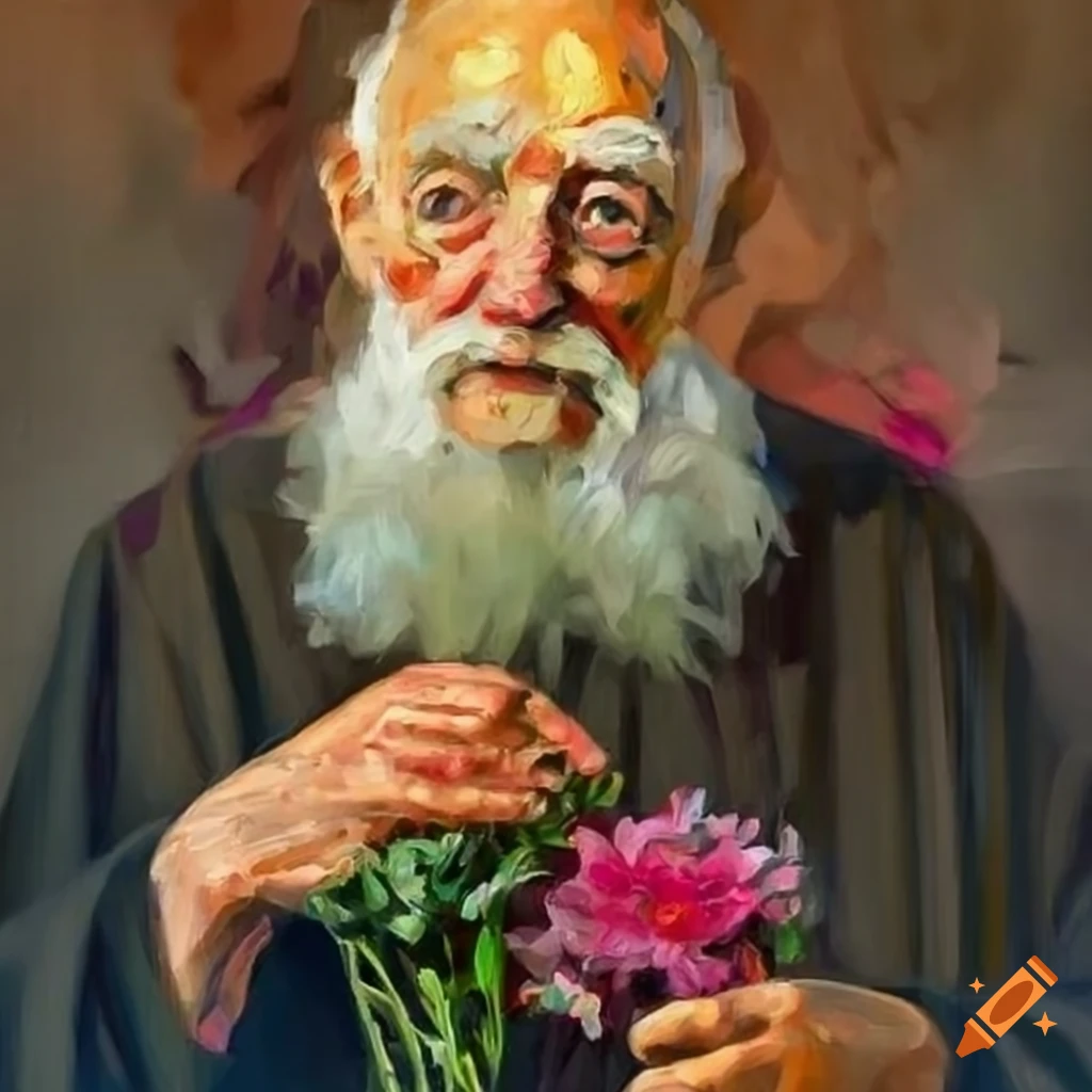 an old priest holding flowers