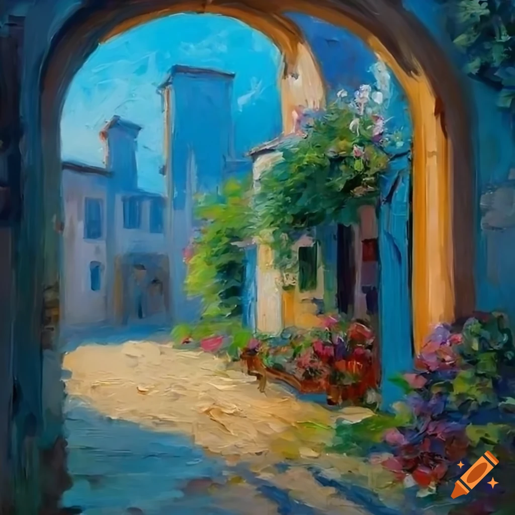 Impressionist painting of an inviting italian house with a beautiful ...