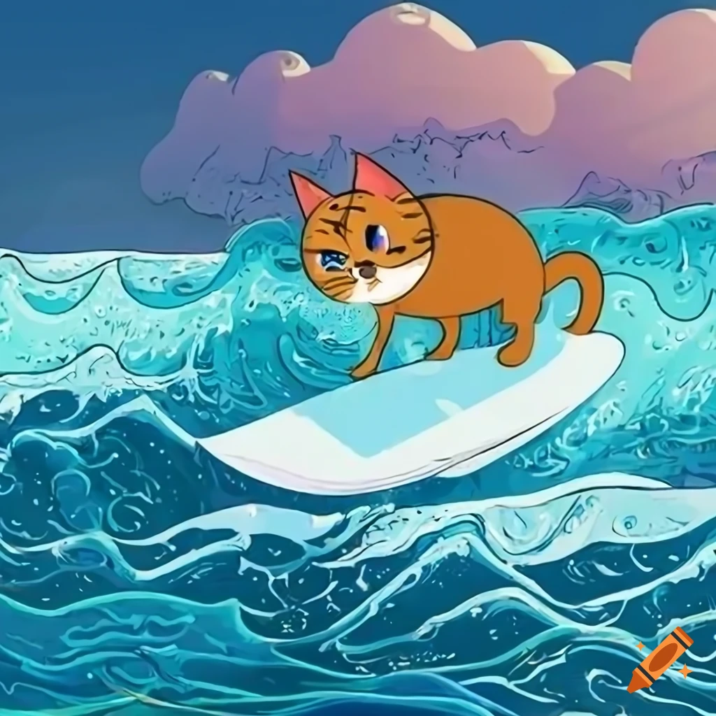 Cat surfing on ocean waves