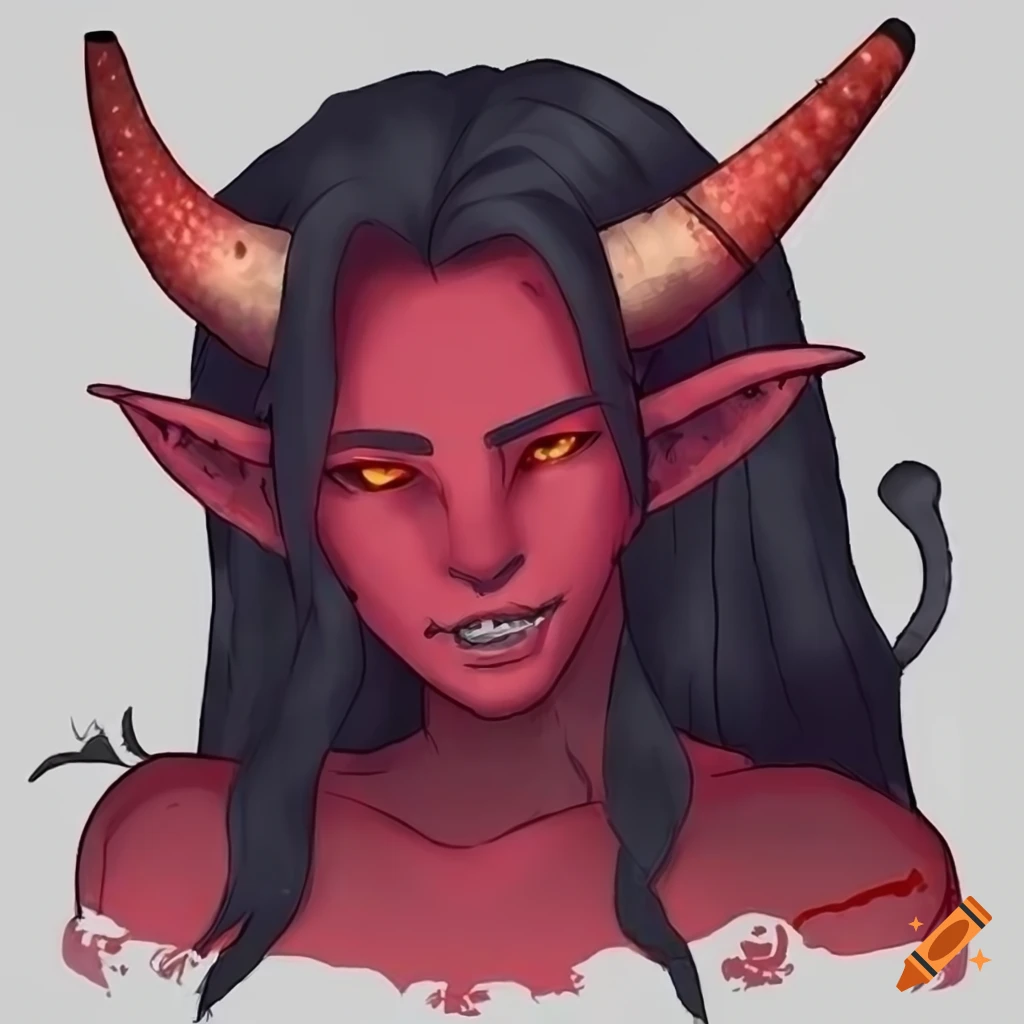 Portrait of a red tiefling with red eyes and black hair on Craiyon
