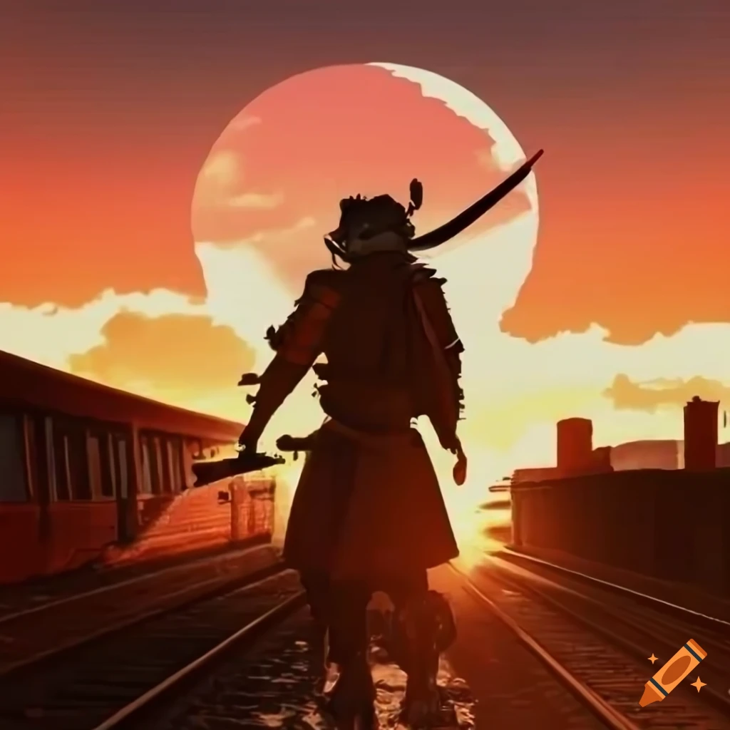 Anime poster of a samurai running on a train with a sword on Craiyon