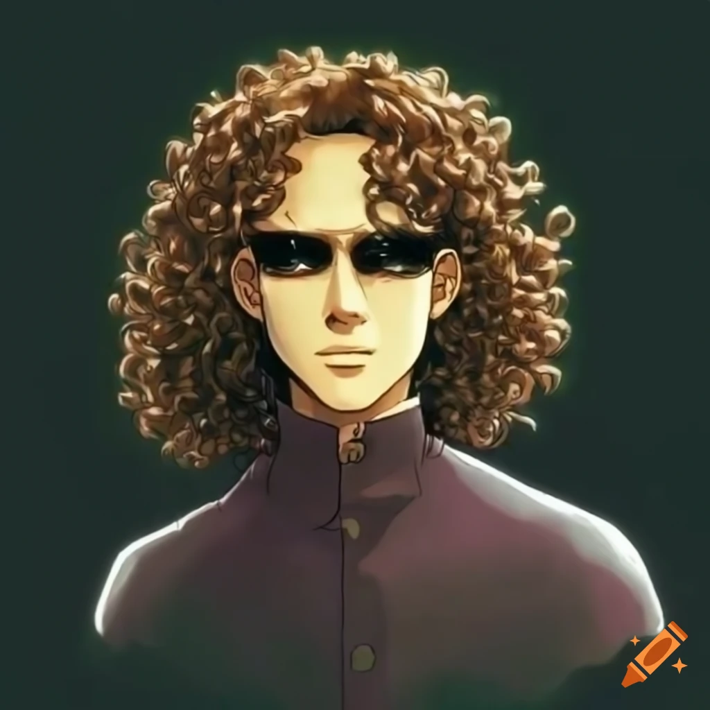 anime depiction of a young man with long curly hair