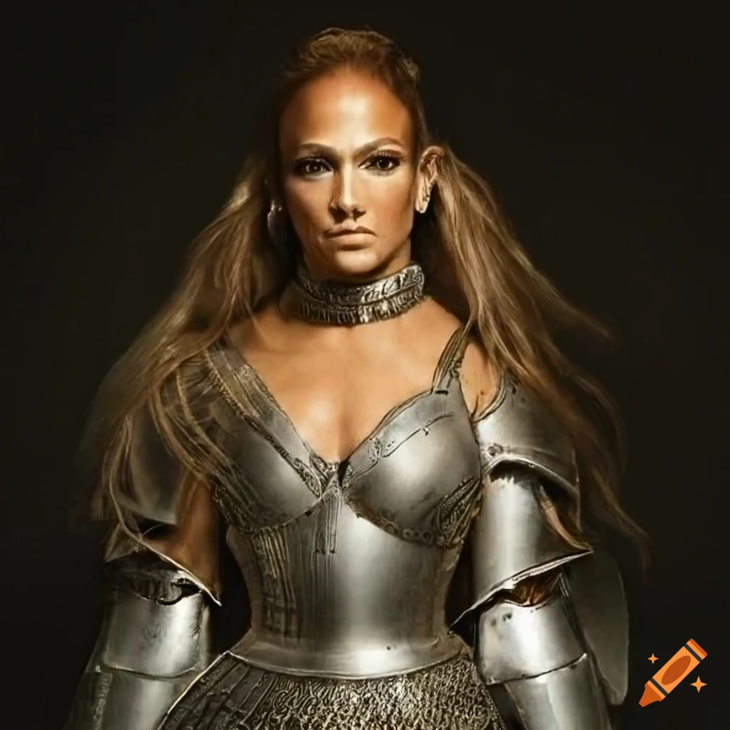 Jennifer lopez wearing armor with flowing long hair on Craiyon