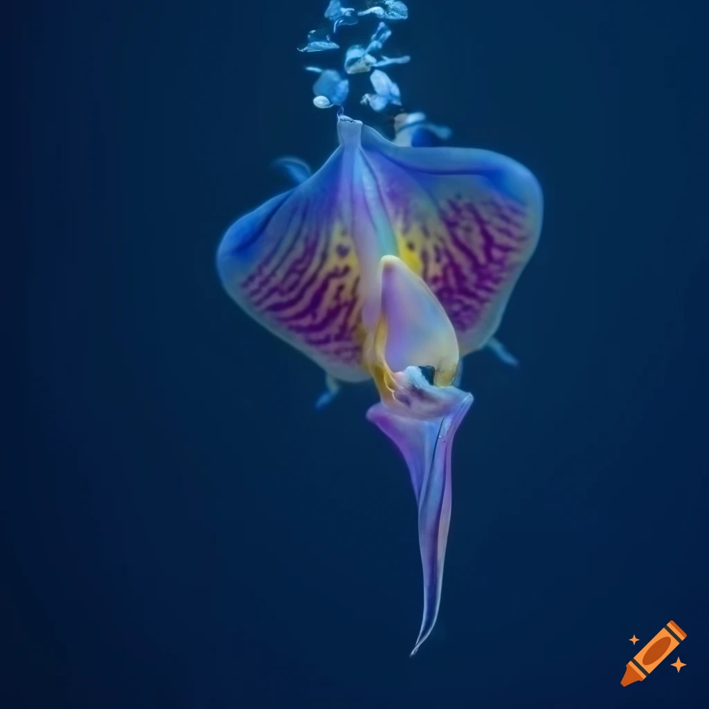 iridescent sea creature in a dark blue underwater scene