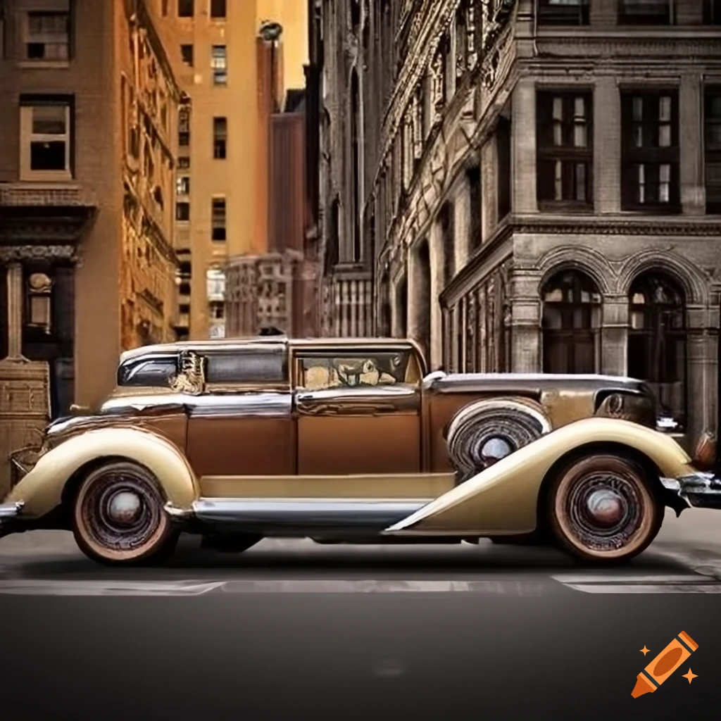photo-realistic steampunk cityscape of New York with 1930's cars