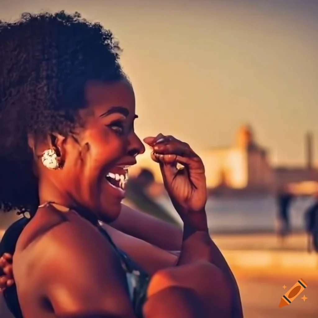 laughing black woman with Malecon in Havana