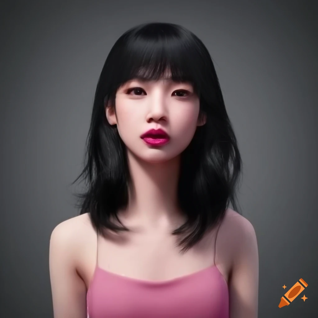 portrait of a young Asian girl with black wavy hair and pink makeup