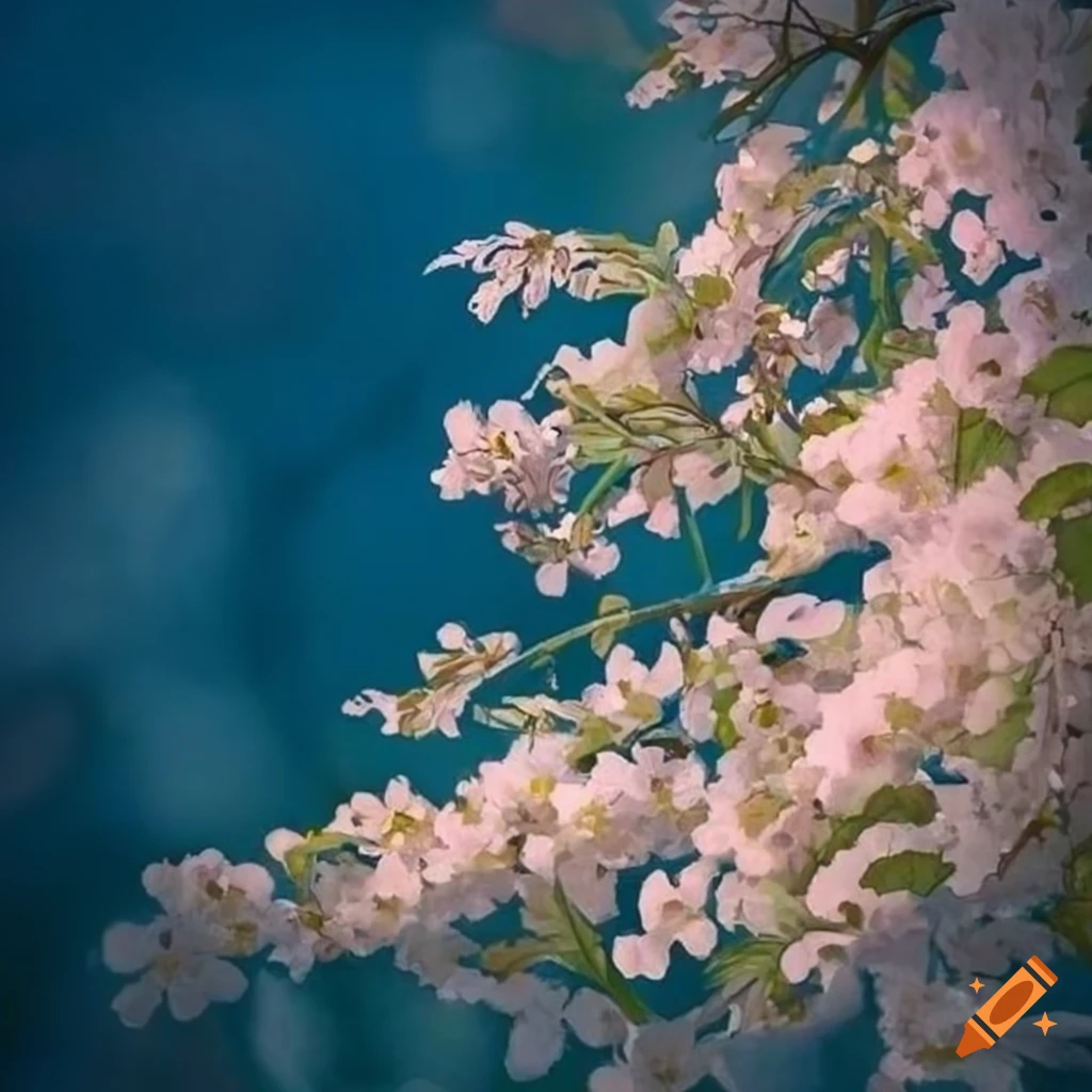 detailed drawing of cherry blossom in William Morris and Alphonse Mucha style