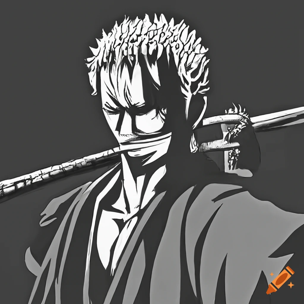 Black and white image of zoro from one piece on Craiyon