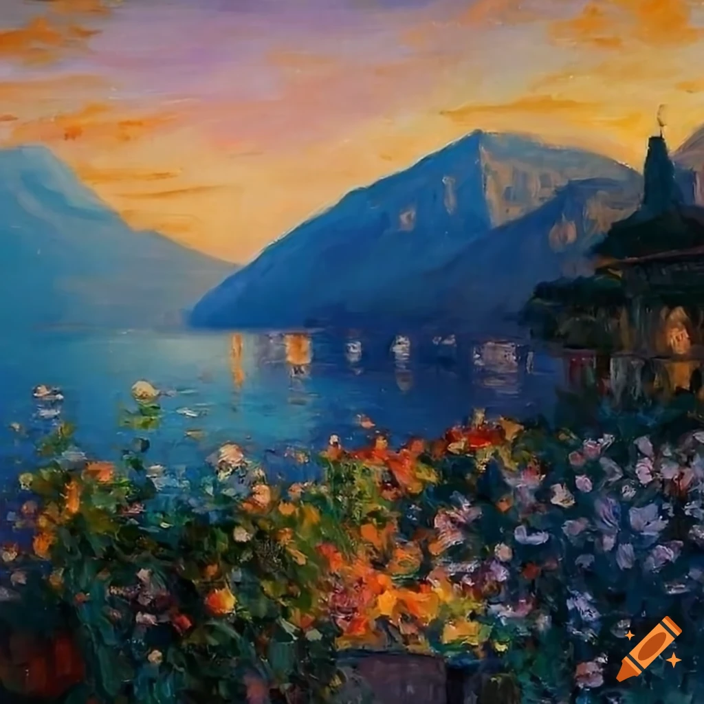 impressionist painting of a charming patio overlooking Lake Como