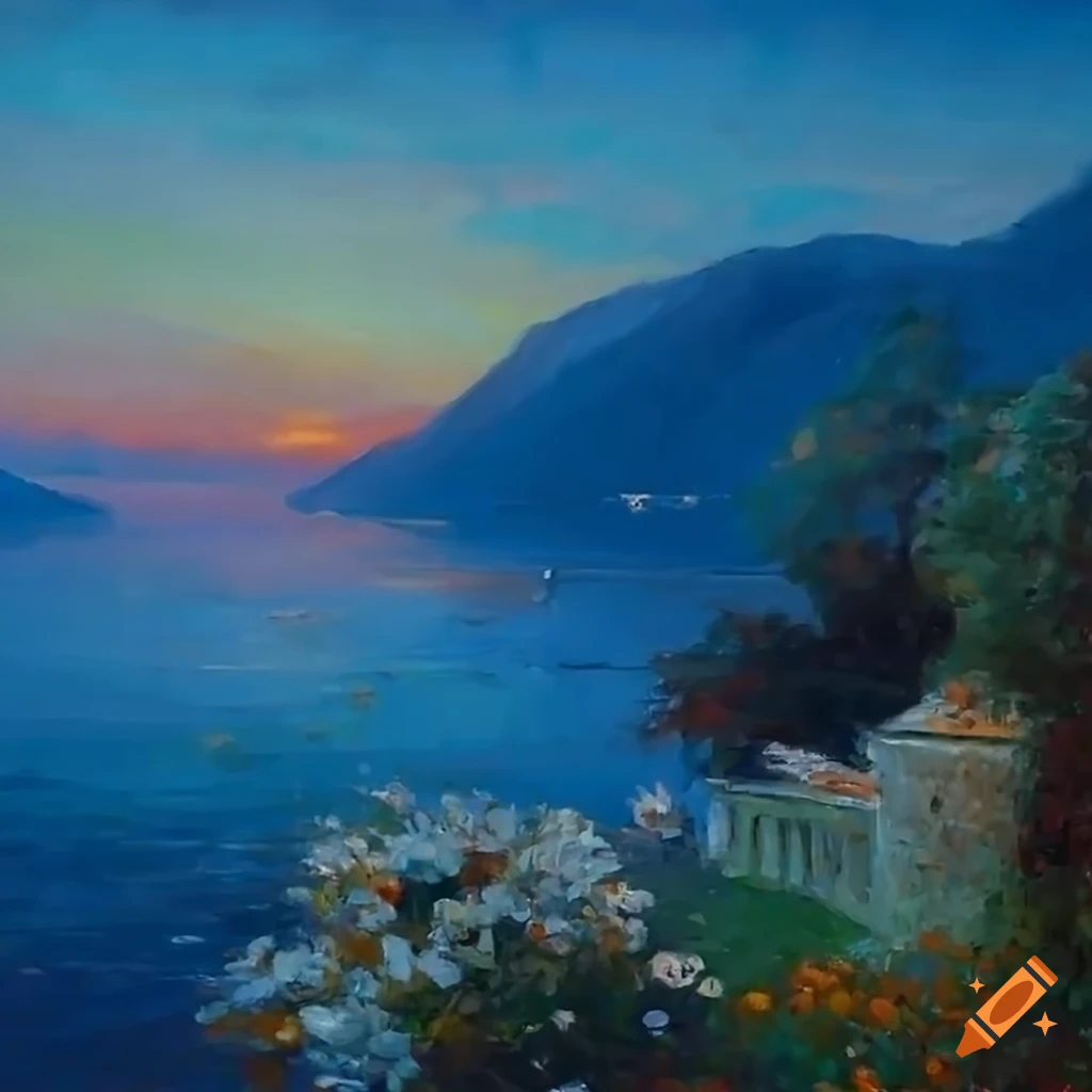 impressionist painting of a small patio overlooking Lake Como