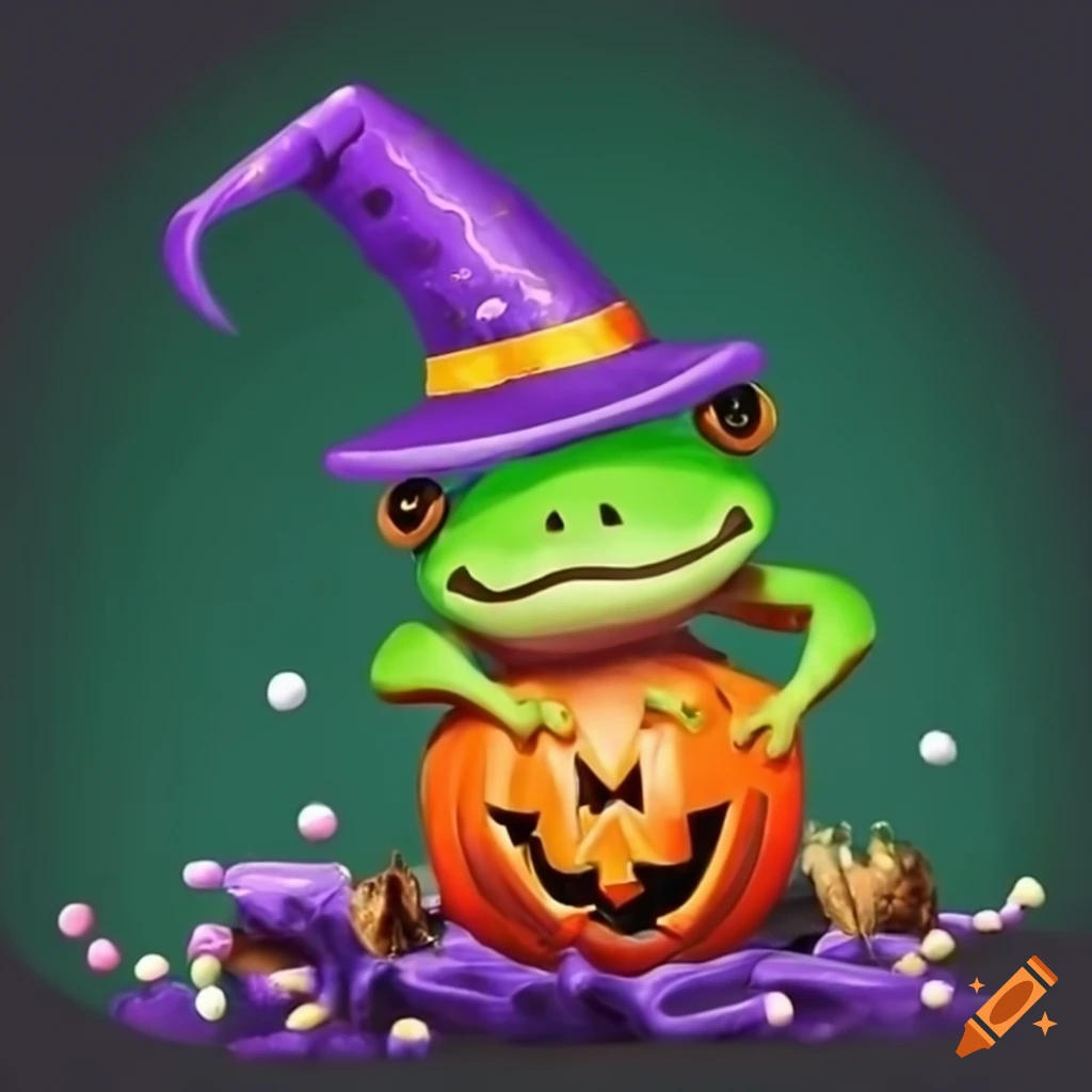 frog wearing witch hat jumping in candy