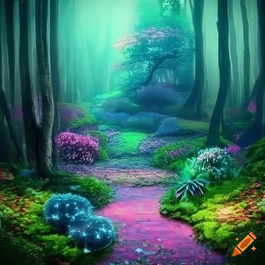 colorful fantasy forest with sparkles and flowers