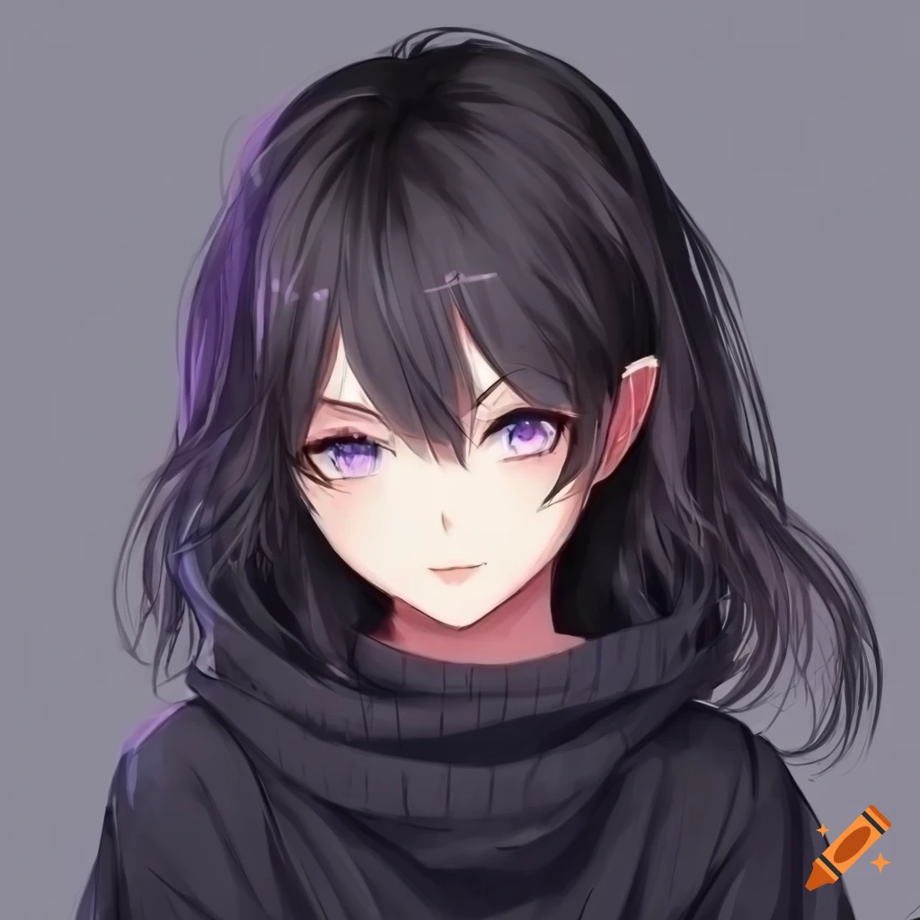 cute anime girl with long messy black hair and blue-purple eyes
