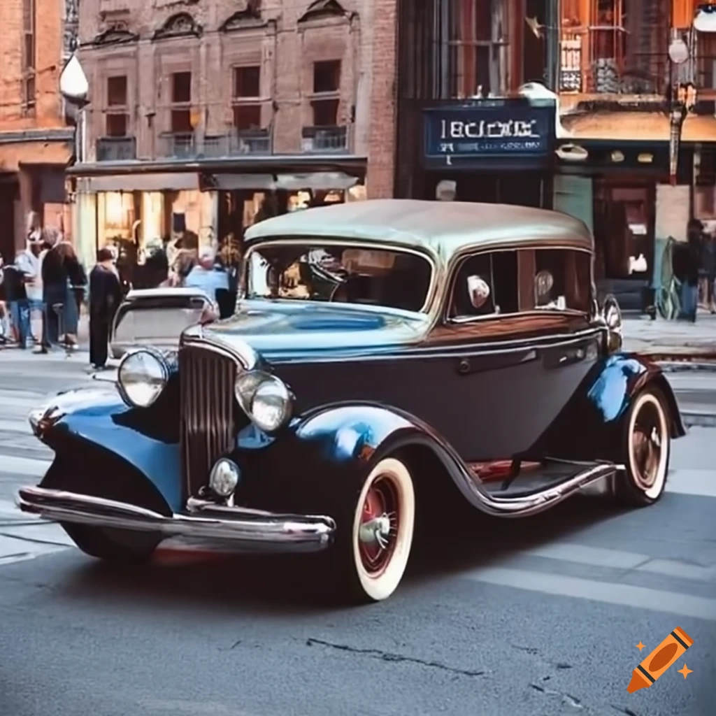futuristic 1930's style car in city street