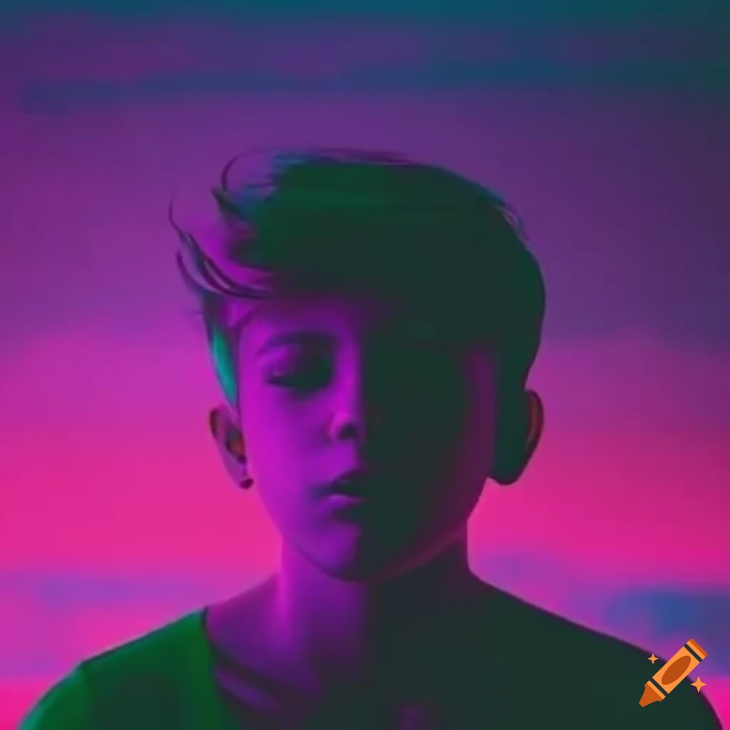 teenage boy vaping with a vaporwave aesthetic