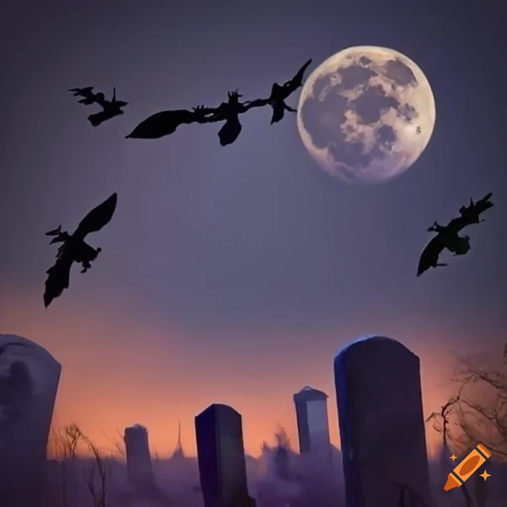 mysterious night with bats flying above a cemetery