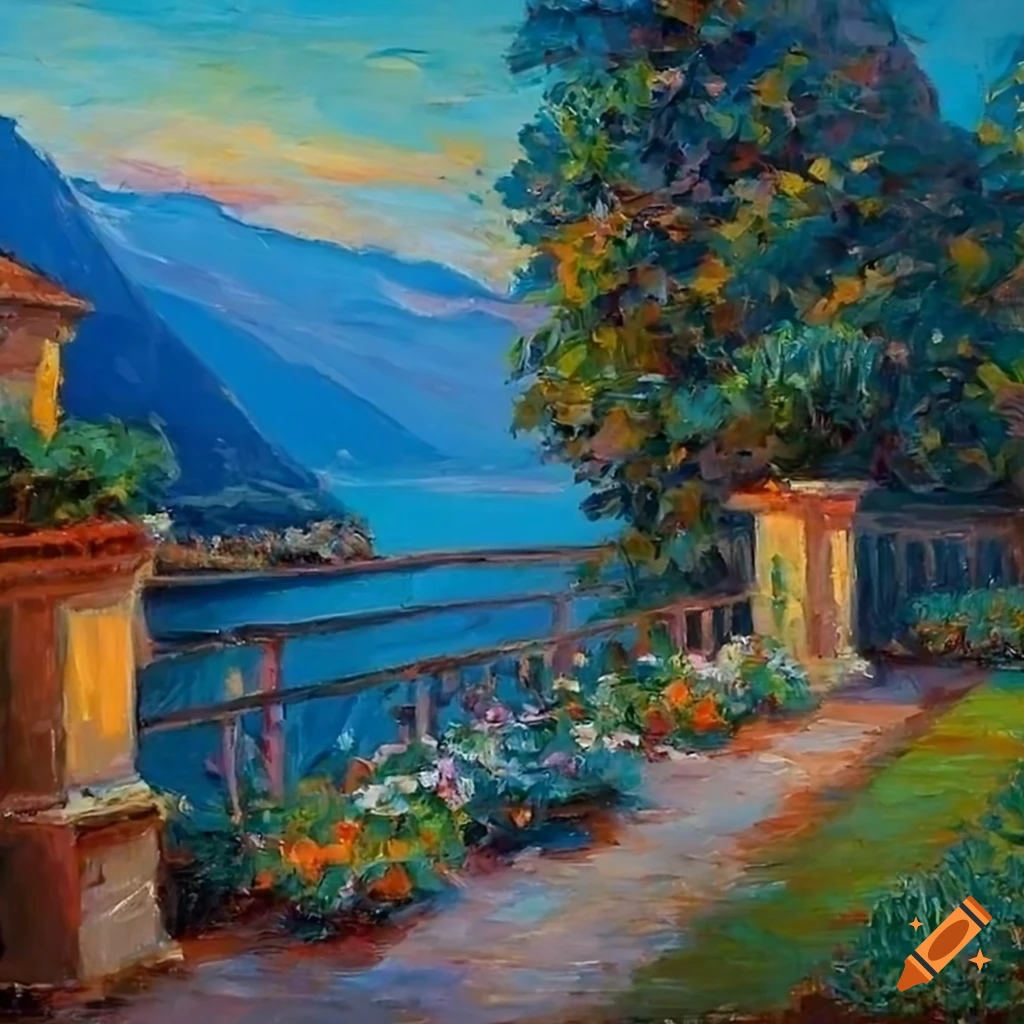 impressionist painting of a cozy patio overlooking Lake Como