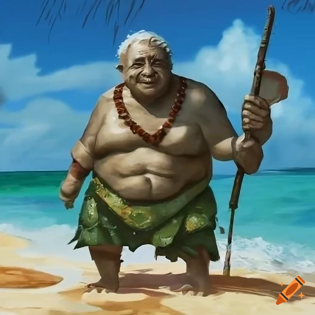 Elderly halfling in traditional pacific island clothing at the beach