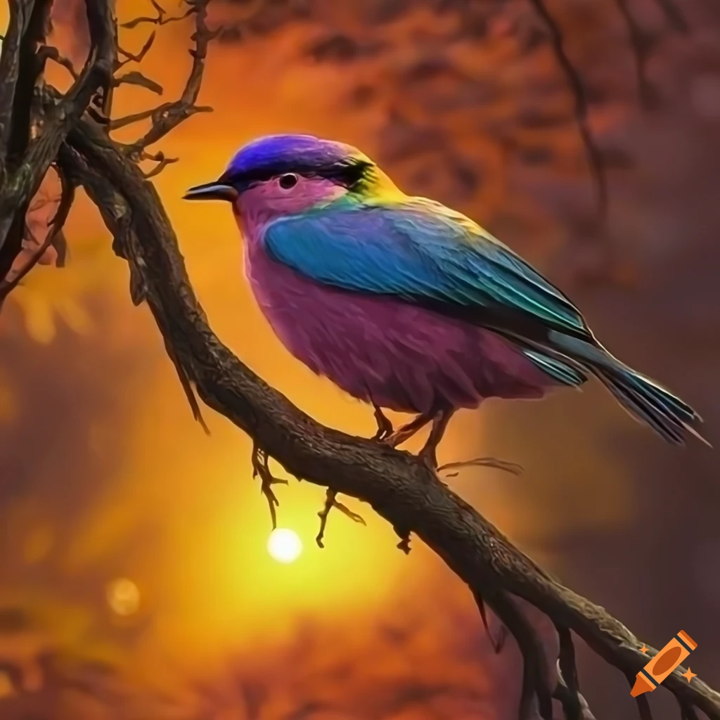 Purple bird with gem feathers perched in a crystal tree on Craiyon