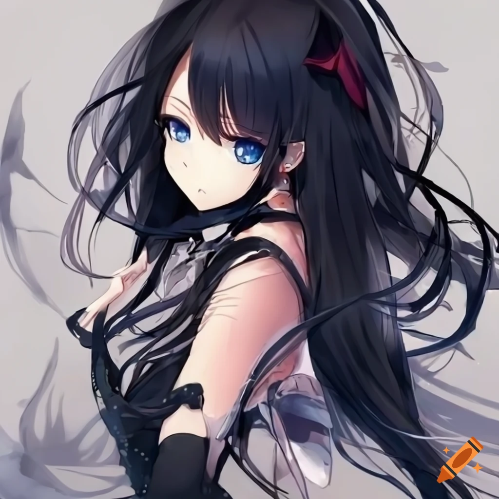Cute anime girl with long messy black hair and blue-purple eyes