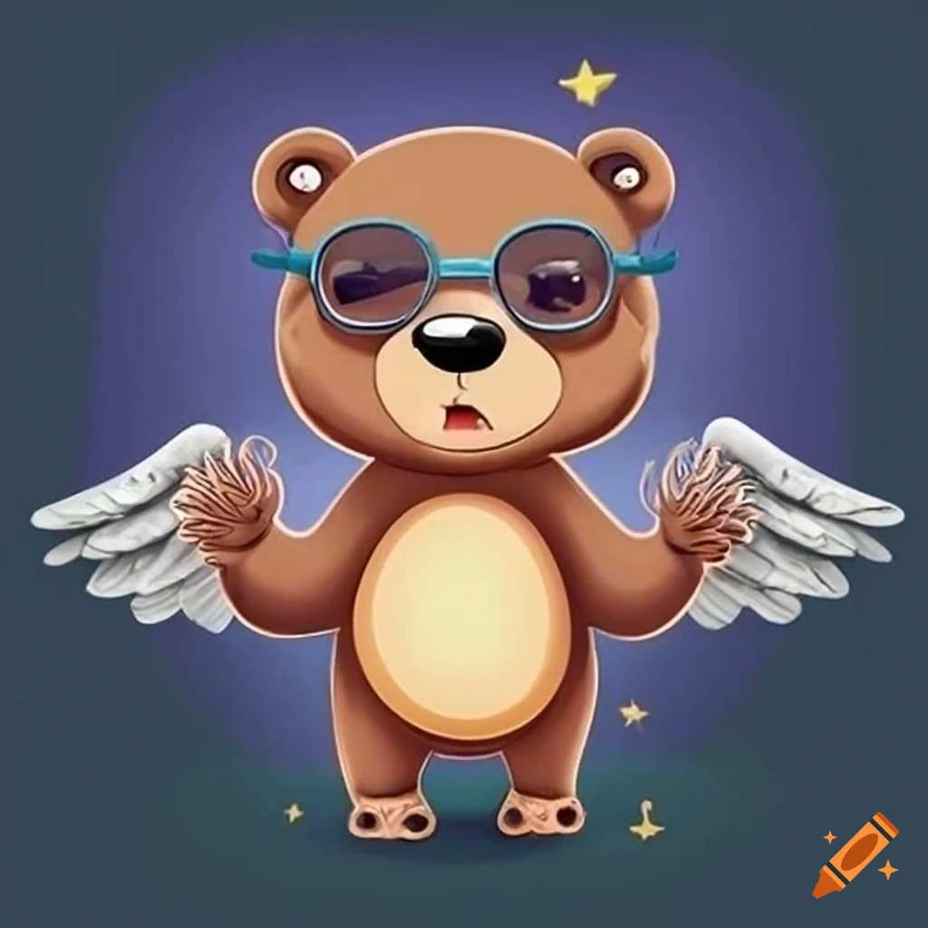 cartoon illustration of a nerdy bear with angel wings