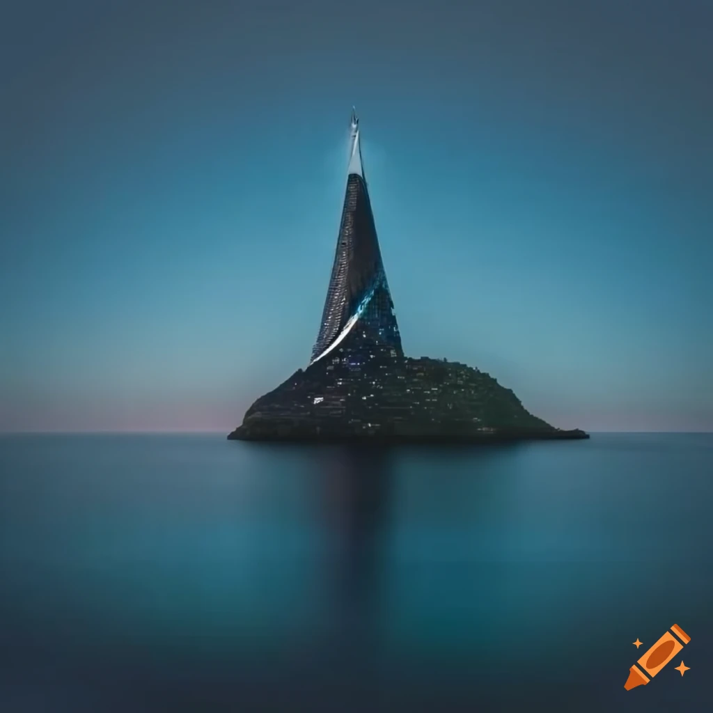 futuristic black marble tower on an island in the Atlantic Ocean