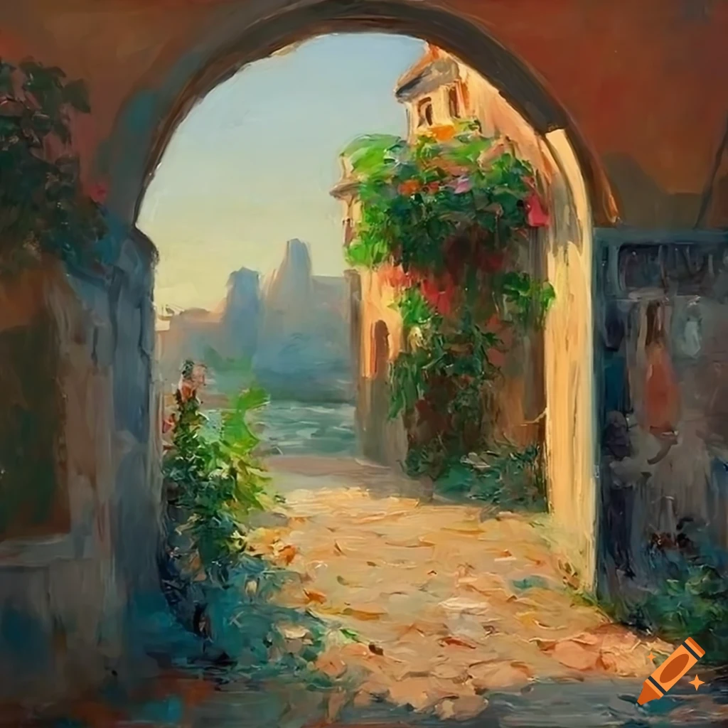impressionist painting of a charming Italian house with a beautiful courtyard